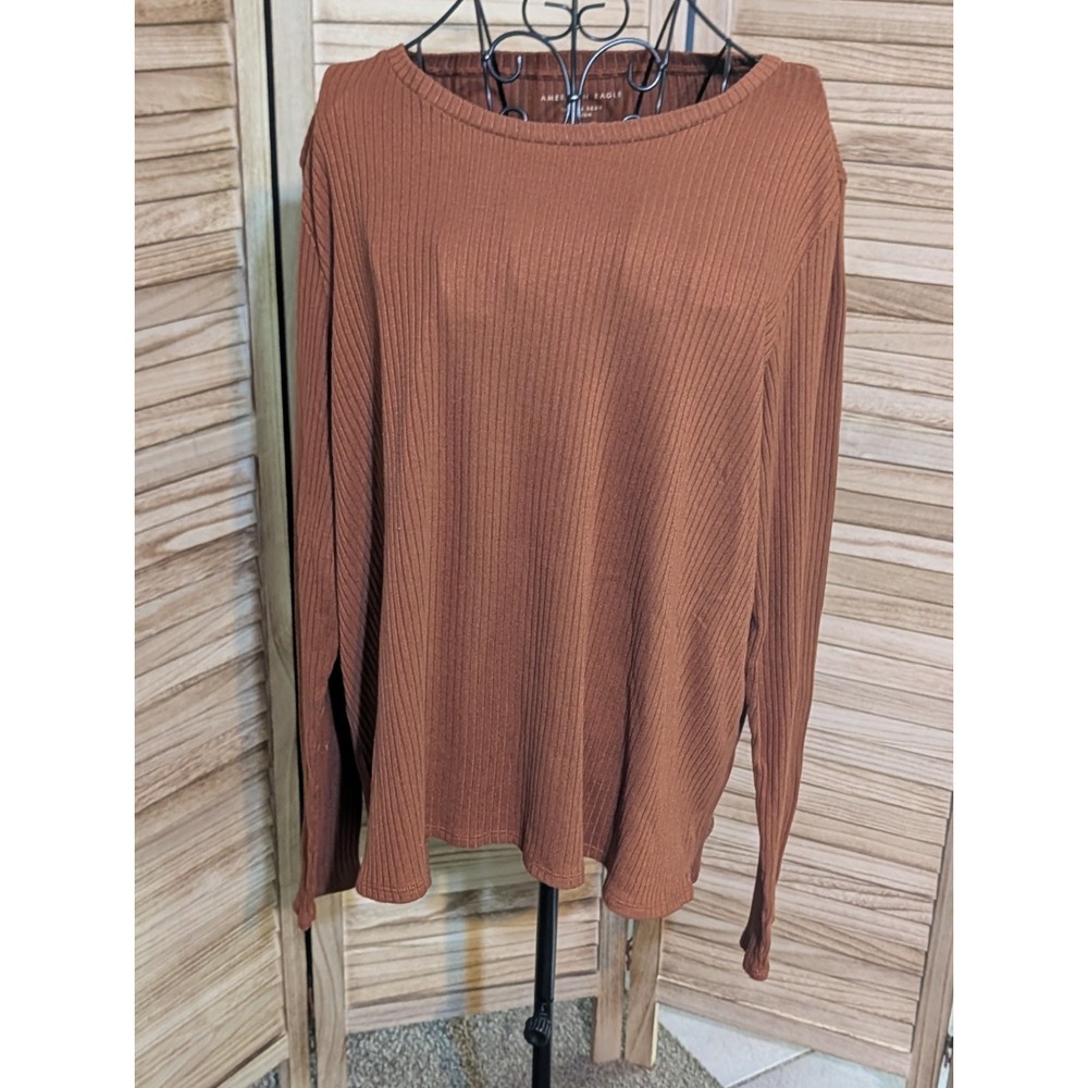 American Eagle Women's Ribbed Long Sleeve Top Brown Size XL Crewneck Shirt
